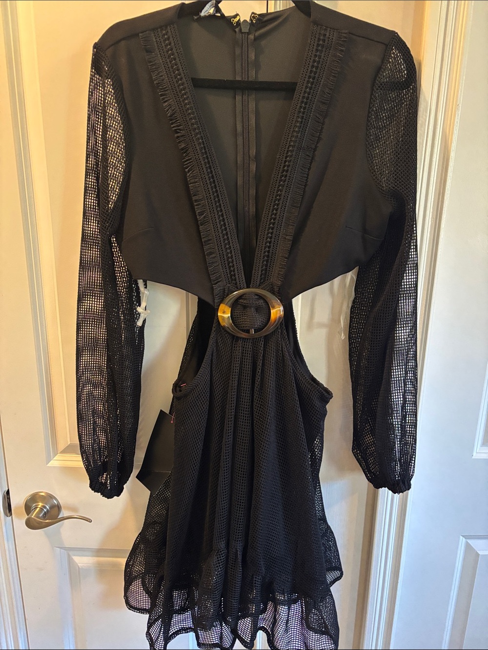 bebe Black Mesh Long-Sleeve Cutout Mini Dress with Tortoiseshell Ring